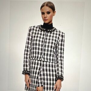 New! $895 Alice + Olivia Deon Two-Fer Black and White Houndstooth Tweed Jacket